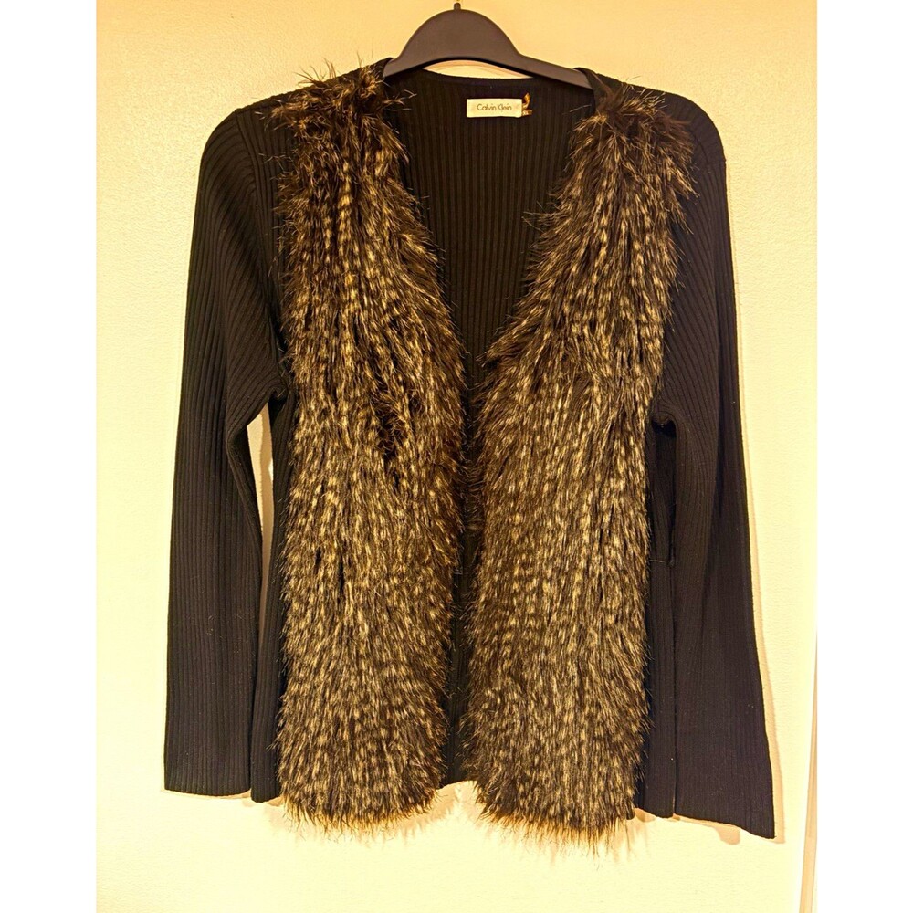 Calvin Klein Black Rib-Knit Faux Fur Open Front Sweater Vest Women’s XL